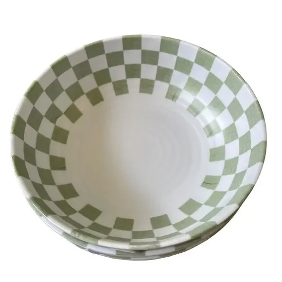 C&C CALIFORNIA HOME Checkered Sage Green White Melamine 8" Salad Bowl Set of 4